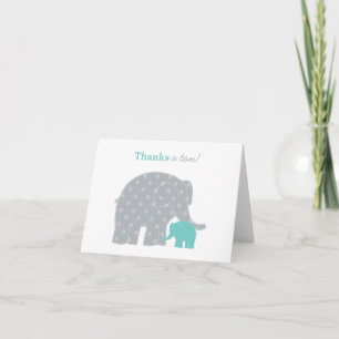 Mother Baby Elephant Teal Grey Folded Thank You Card