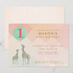 MOTHER & BABY GIRAFFE & BALLOON   BIRTHDAY INVITATION