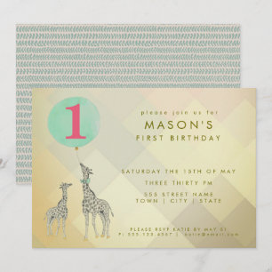 MOTHER & BABY GIRAFFE & BALLOON BIRTHDAY INVITATION