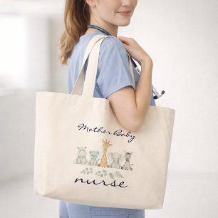 Mother Baby Nurse Safari Jungle Animal Nursery Large Tote Bag