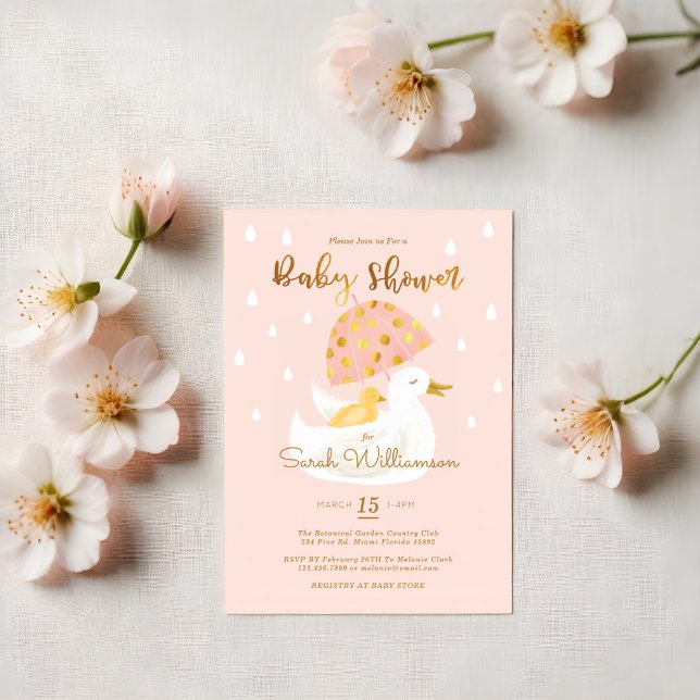 Mother & Baby Yellow Ducky Umbrella Blush Pink Invitation (Mother & Baby Yellow Ducky Umbrella Blush Pink Invitation)