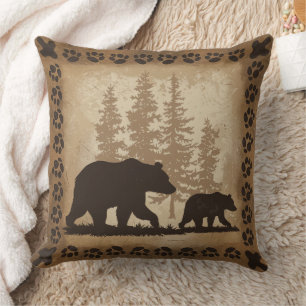 Mother bear and cub in the forest Rustic Elegant Throw Pillow