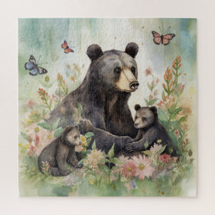 Mother Bear Cubs Butterflies Flowers Painting Jigsaw Puzzle