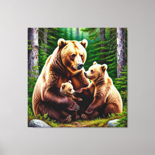 Mother Bear With Cubs in a Forest Setting Canvas Print