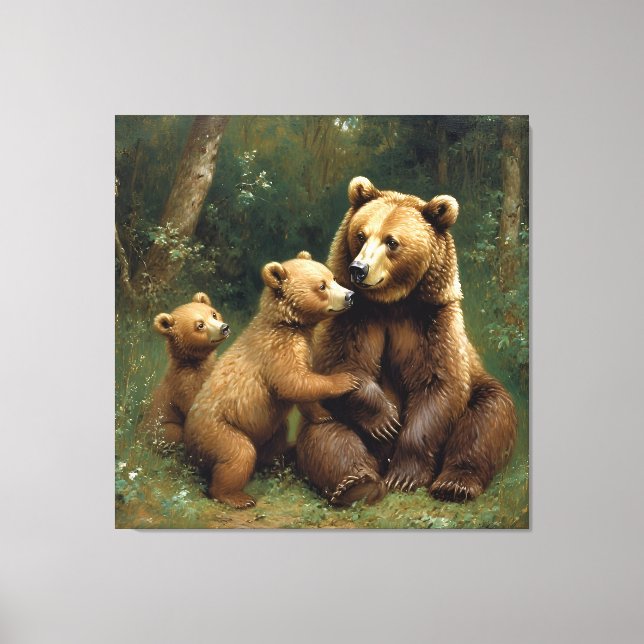 Mother Bear With Cubs in a Forest Setting Canvas Print (Front)