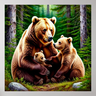 Mother Bear With Cubs in a Forest Setting Poster
