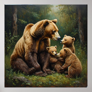 Mother Bear With Cubs in a Forest Setting Poster
