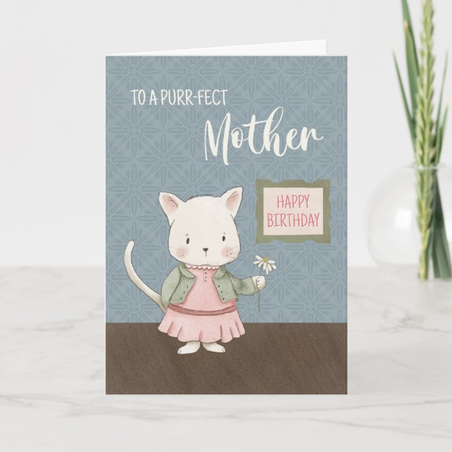 Mother Birthday Kitty in a Dress Holding Flower  Card (Front)