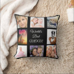 Mother black photo collage throw pillow<br><div class="desc">A gift for your mother celebrating her life with a collage of 8 photos.  White text: World's Best MOM. Use photo of her,  children,  husband,  pets,  friends,  her dream travel destination. A chic black background. Perfect as a Mother's Day gift or for birthdays and Christmas.</div>