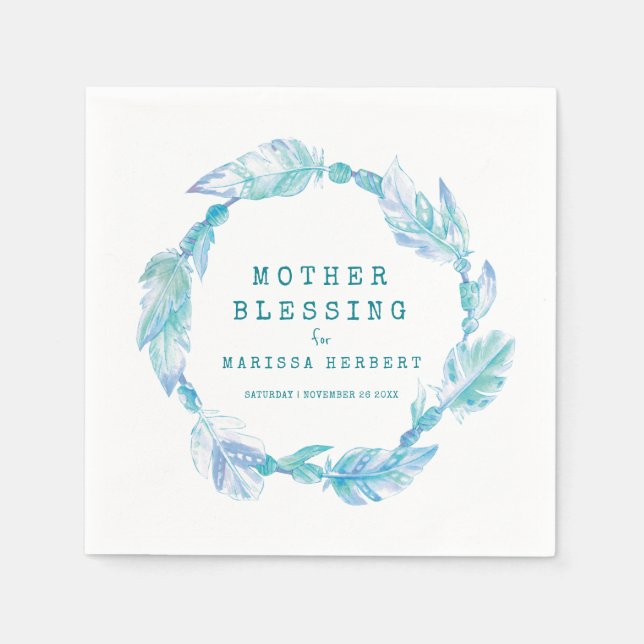 Mother Blessing beads feathers boho teal aqua Napkin (Front)