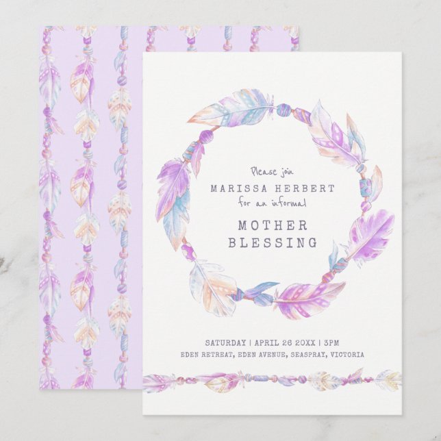 Mother blessing feather and beads purple art invitation (Front/Back)
