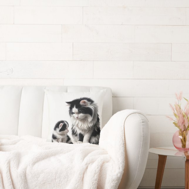 Mother Cat and Kitten On White Throw Pillow (Couch)