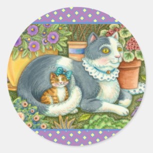 MOTHER CAT AND KITTEN, POTTED FLOWERS, BOWS & LACE CLASSIC ROUND STICKER