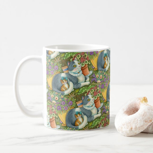 MOTHER CAT AND KITTEN, POTTED FLOWERS, BOWS & LACE COFFEE MUG (With Donut)