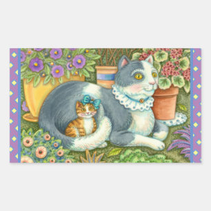 MOTHER CAT AND KITTEN, POTTED FLOWERS, BOWS & LACE STICKER