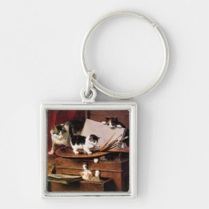 Mother Cat and Kittens on Table Keychain