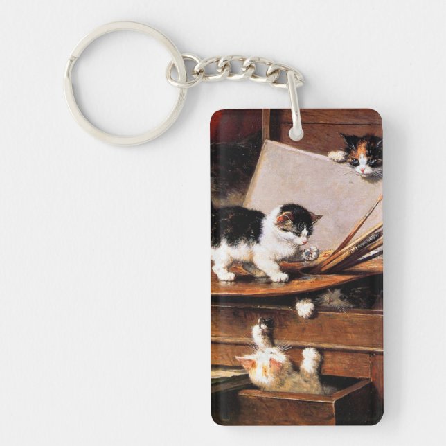 Mother Cat and Kittens on Table Keychain (Front)
