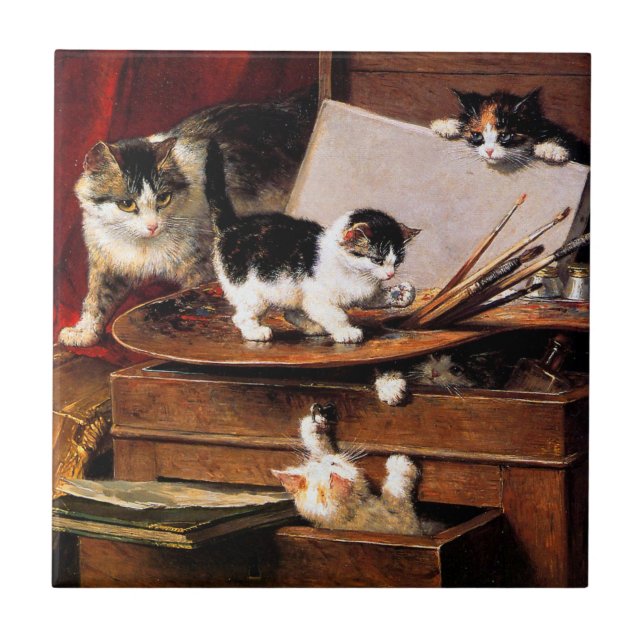 Mother Cat and Kittens on Table Tile (Front)