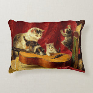 Mother Cat and Kittens Playing with Guitar Accent Pillow