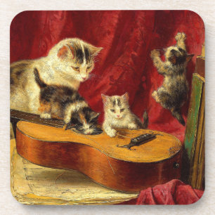 Mother Cat and Kittens Playing with Guitar Coaster