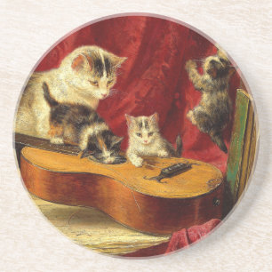 Mother Cat and Kittens Playing with Guitar Coaster