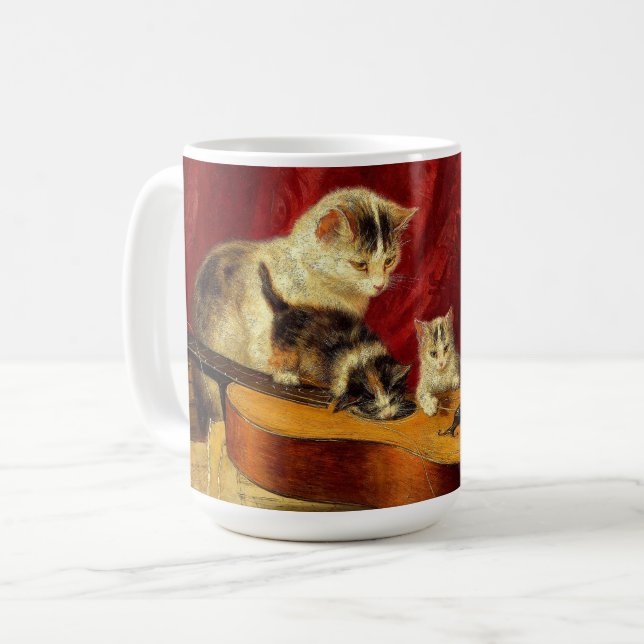 Mother Cat and Kittens Playing with Guitar Coffee Mug (Front Left)