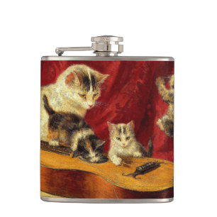 Mother Cat and Kittens Playing with Guitar Hip Flask