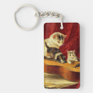 Mother Cat and Kittens Playing with Guitar Keychain