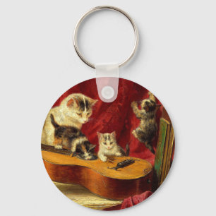 Mother Cat and Kittens Playing with Guitar Keychain
