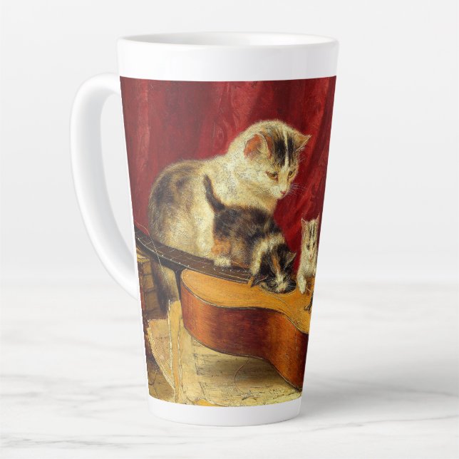 Mother Cat and Kittens Playing with Guitar Latte Mug (Left Angle)