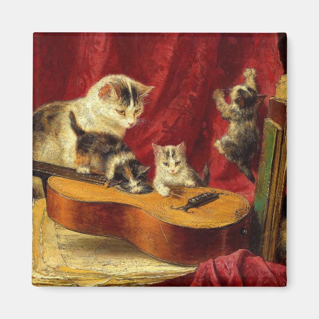Mother Cat and Kittens Playing with Guitar Magnet (Front)