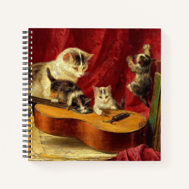 Mother Cat and Kittens Playing with Guitar Notebook (Front)