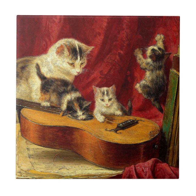 Mother Cat and Kittens Playing with Guitar Tile (Front)