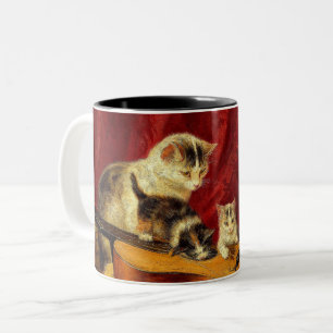 Mother Cat and Kittens Playing with Guitar Two-Tone Coffee Mug