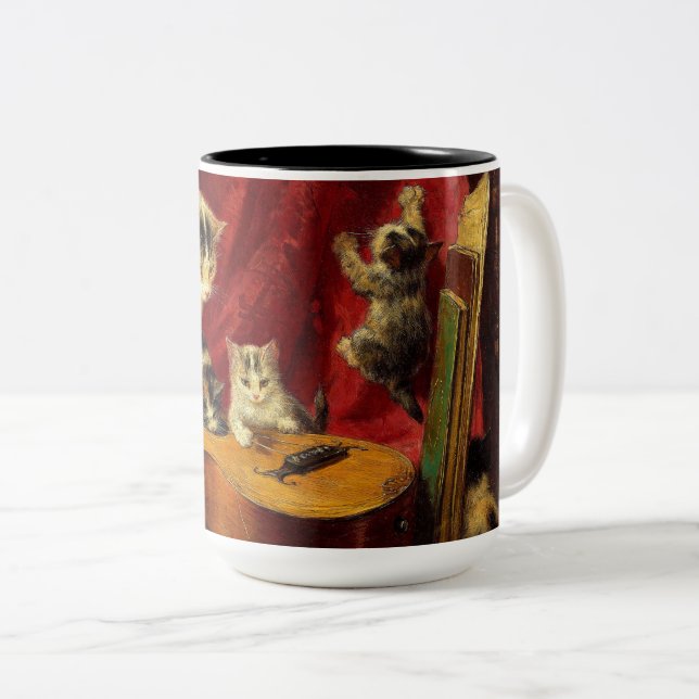 Mother Cat and Kittens Playing with Guitar Two-Tone Coffee Mug (Front Right)