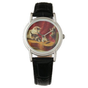 Mother Cat and Kittens Playing with Guitar Watch