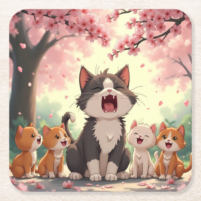 Mother Cat and Kittens under Cherry Blossom Cute Square Paper Coaster (Front)