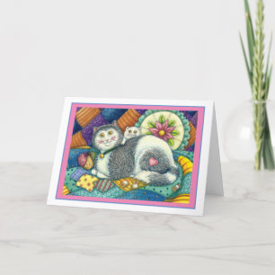 MOTHER CAT & KITTEN, PATCHWORK QUILTS, PINCUSHION CARD