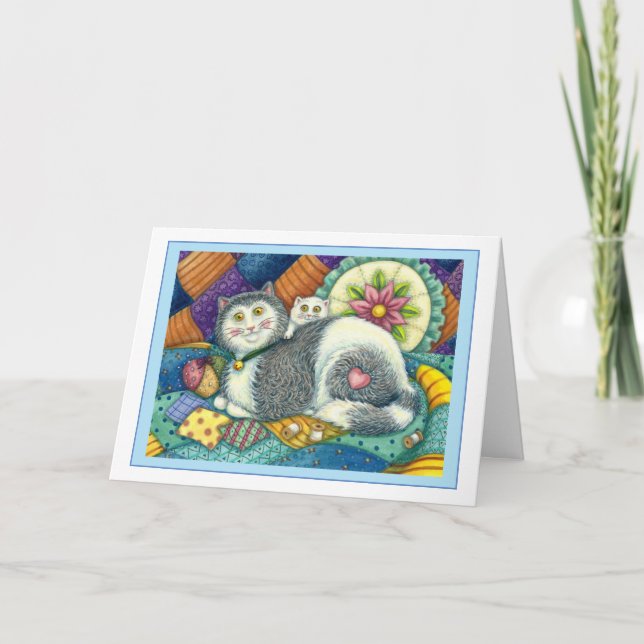 MOTHER CAT & KITTEN, PATCHWORK QUILTS, PINCUSHION HOLIDAY CARD (Front)