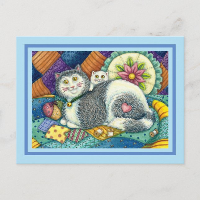 MOTHER CAT & KITTEN, PATCHWORK QUILTS, PINCUSHION HOLIDAY POSTCARD (Front)