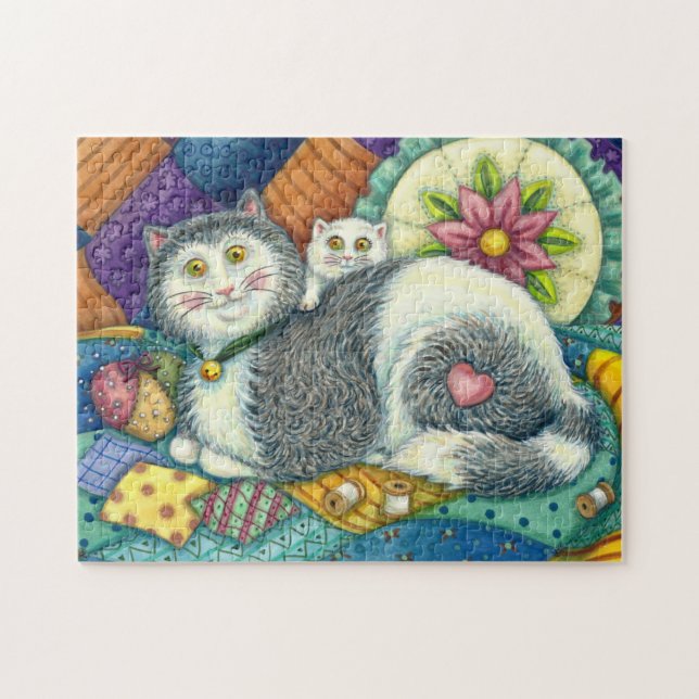 MOTHER CAT & KITTEN, PATCHWORK QUILTS, PINCUSHION JIGSAW PUZZLE (Horizontal)