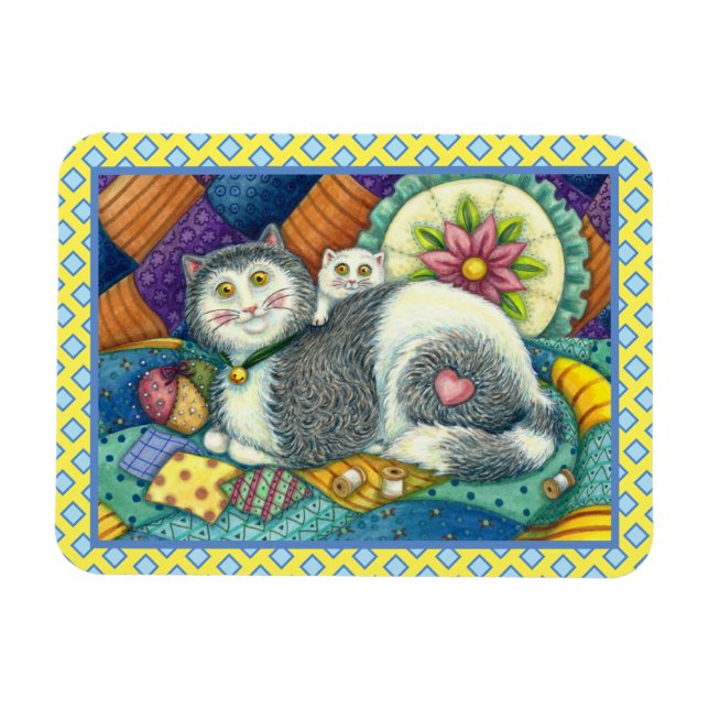 MOTHER CAT & KITTEN, PATCHWORK QUILTS, PINCUSHION MAGNET (Horizontal)