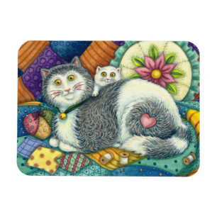 MOTHER CAT & KITTEN, PATCHWORK QUILTS, PINCUSHION  MAGNET