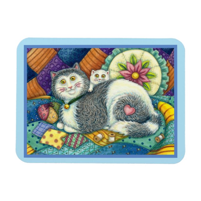 MOTHER CAT & KITTEN, PATCHWORK QUILTS, PINCUSHION MAGNET (Horizontal)