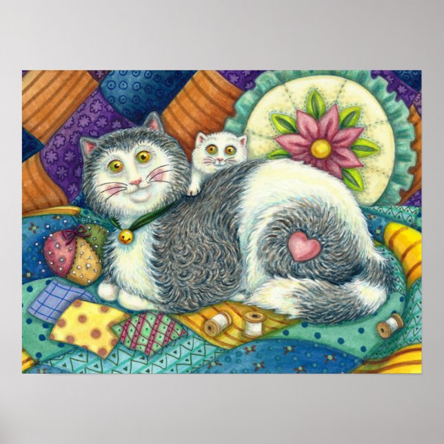 MOTHER CAT & KITTEN, PATCHWORK QUILTS, PINCUSHION POSTER (Front)