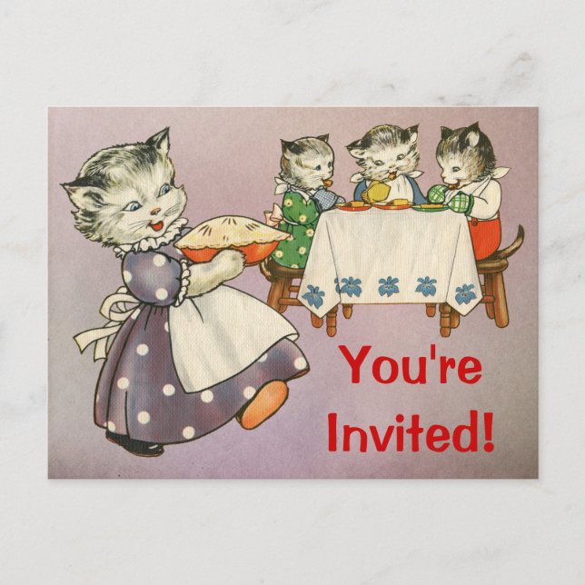 Mother Cat & Kittens Eating Pie - Party Invitation (Front)
