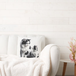 Mother Cat With Kitten On White Throw Pillow