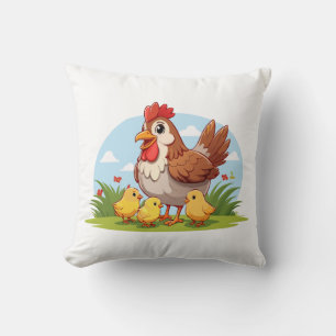 mother chicken and little yellow chicks throw pillow