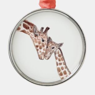 Mother cute giraffe baby watercolor animal nature metal ornament
