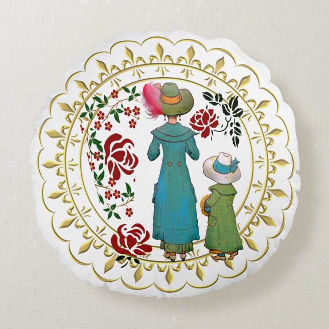  Mother Daughter Duo Red Roses Floral Greenery Round Pillow (Front)